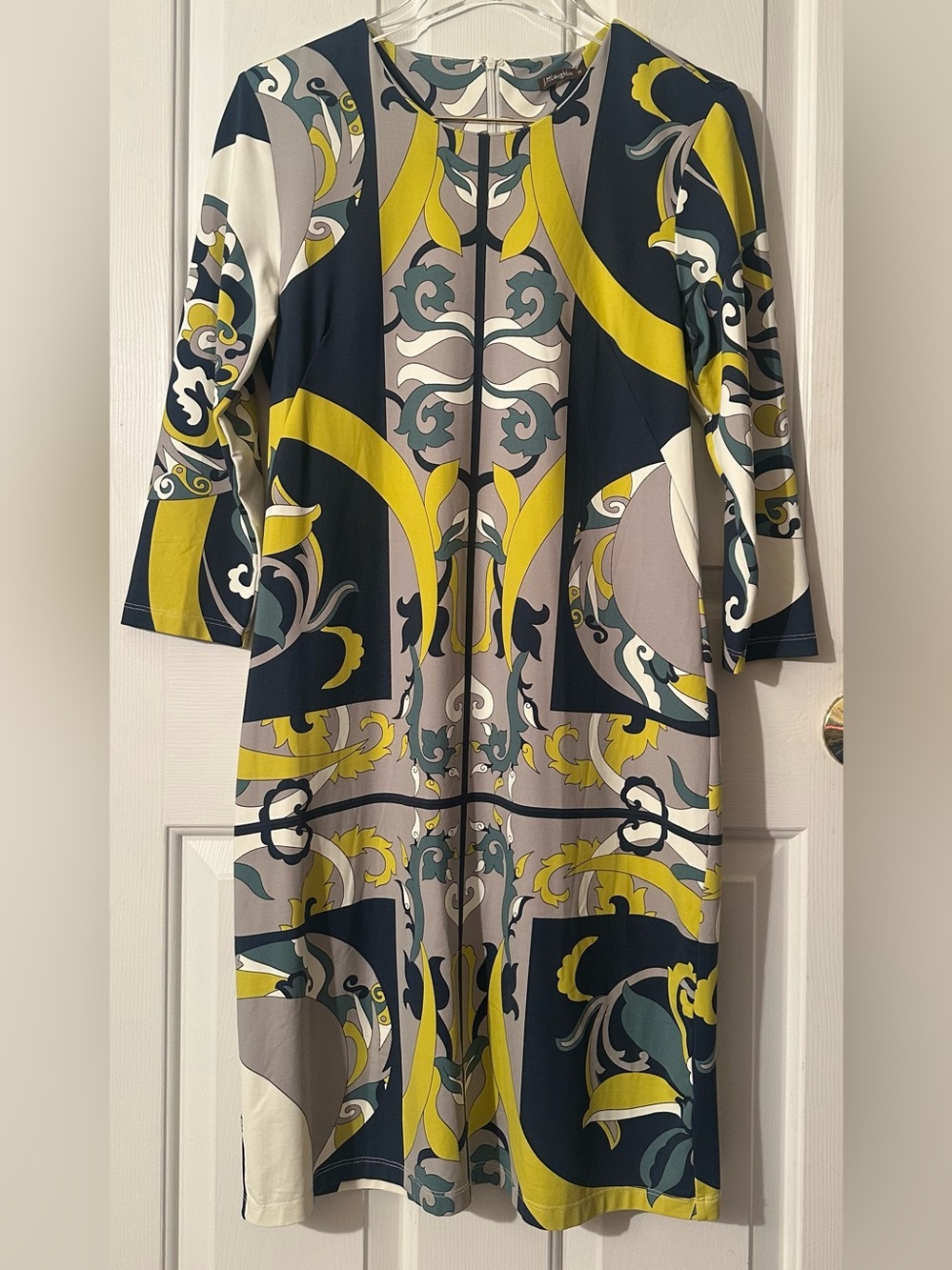 J. McLAUGHLIN M Catalina Cloth Mod Preppy Baroque Scroll Print Shift Dress Navy